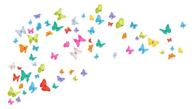 Farklı yönlere uçan bir grup renkli kelebek. Dekorasyon için bahar ve yaz böcekleri. Vektör illüstrasyonu
