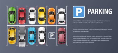 Birden fazla arabası olan ve boş alan manzaralı bir otopark. Vektör illüstrasyonu.