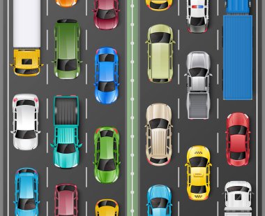 Trafik sıkışıklığı, arabaların ve kamyonların üst görüntüsü. Vektör illüstrasyonu