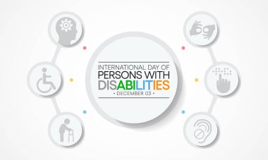 Uluslararası Engelliler Günü (IDPD) her yıl 3 Aralık 'ta kutlanır. Hayatın her alanında engelli insanların durumu hakkında farkındalık yaratmak için. Vektör illüstrasyonu