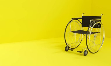 Tekerlekli sandalye, beyaz ve sarı arka planda izole edilmiş. 3B Hazırlama