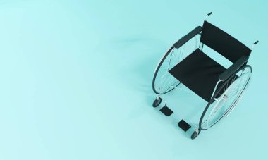 Tekerlekli sandalye, beyaz ve sarı arka planda izole edilmiş. 3B Hazırlama
