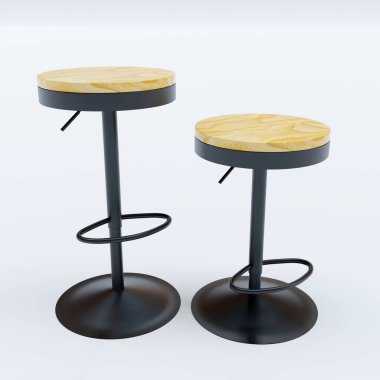 Ahşap ayarlanabilir bar taburesi beyaz arka planda izole edilmiş. 3B Hazırlama