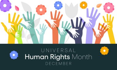 Evrensel İnsan Hakları ayı, Aralık ayında her yıl, dünyanın dört bir yanındaki insanların bir araya gelip tüm bireylerin hak ve haysiyetlerini savunacakları bir zamandır. vektör illüstrasyonu