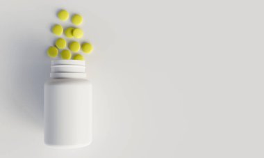 C vitamini, D, E, A vitamini. Arka planda fotokopi alanı olan tabletler tıbbi model ve şablon olarak kullanılabilir. 3B Hazırlama