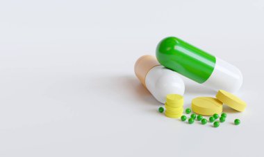 C vitamini, D, E, A vitamini. Arka planda fotokopi alanı olan tabletler tıbbi model ve şablon olarak kullanılabilir. 3B Hazırlama