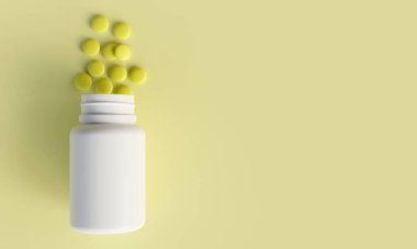 C vitamini, D, E, A vitamini. Arka planda fotokopi alanı olan tabletler tıbbi model ve şablon olarak kullanılabilir. 3B Hazırlama