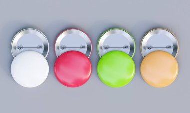 Düğme rozetleri resimlemesi gri arkaplan üzerinde izole edilmiş, 3B oluşturma