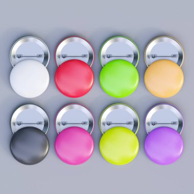 Düğme rozetleri resimlemesi gri arkaplan üzerinde izole edilmiş, 3B oluşturma