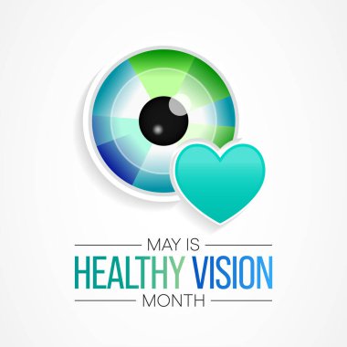 Sağlıklı Vizyon ayı her yıl mayıs ayında gözlemlenir. Gözlerinle ilgilenmek, sağlıklı ve fiziksel aktiviteler yemek gibi bir öncelik olabilir. Seni her gün güvende tutabilir. Vektör illüstrasyonu