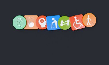 Plastik küplere ve dairelere oyulmuş engelli simgeleri. 3B Hazırlama.