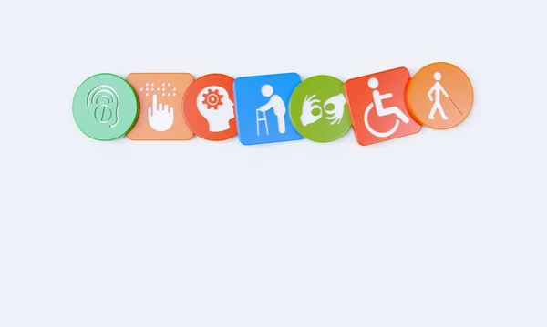 Disability icons engraved on plastic cubes and circles. 3D Rendering.