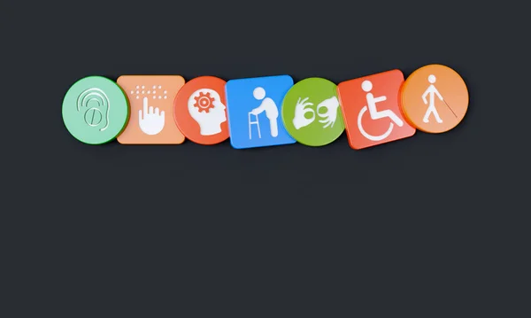 Disability Icons Engraved Plastic Cubes Circles Rendering — Stock Photo, Image