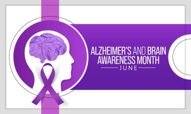 Her yıl Haziran ayında Alzheimer ve Beyin Bilinci ayı gözlemlenir. Hafızayı ve düşünme becerilerini yavaş yavaş yok eden geri dönüşü olmayan ilerleyen bir beyin hastalığıdır. Vektör illüstrasyonu