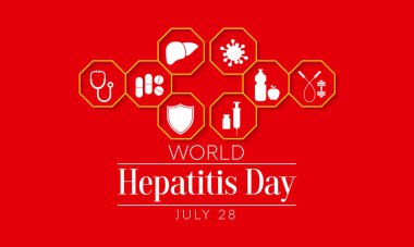 Dünya Hepatit Günü her yıl 28 Temmuz 'da gözlemlenir, karaciğer iltihaplandığında veya hasar gördüğünde, işlevi etkilenebilir ve bazı tıbbi durumlar hepatite neden olabilir. Vektör illüstrasyonu