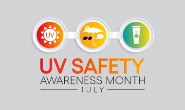 UV güvenlik ayı her yıl Temmuz ayında gözlemlenir, siyah ışık posterlerini parlatan ve yaz bronzlaştırıcı ve güneş yanıklarından sorumlu bir elektromanyetik radyasyon türüdür. Vektör illüstrasyonu
