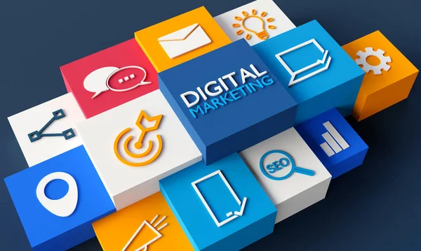 Ikonen Des Digitalen Marketings Auf Dunklem Hintergrund 3Drendering — Stockfoto