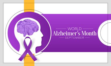 Eylül ayında her yıl Alzheimer Ayı gözlemlenir ve bunama belirtilerinin birkaç yıl içinde giderek kötüleştiği aşamalı bir hastalıktır. Vektör illüstrasyonu