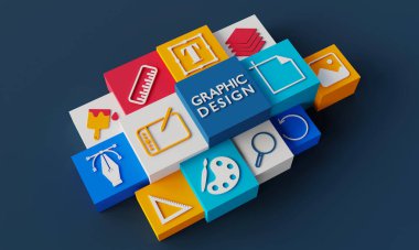 Koyu arkaplanda grafik tasarım simgeleri. 3Söndürme