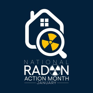 Ulusal Radon eylem ayı her yıl Ocak ayında izleniyor, evlerdeki ve okullardaki radon için kapalı havayı test ederek herkesi sağlıklarını korumaya teşvik ediyor. Vektör illüstrasyonu