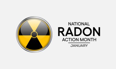 Ulusal Radon eylem ayı her yıl Ocak ayında izleniyor, evlerdeki ve okullardaki radon için kapalı havayı test ederek herkesi sağlıklarını korumaya teşvik ediyor. Vektör illüstrasyonu