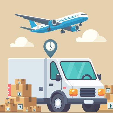 Şık bir nakliye aracı, güvenilirliği ve hızı simgeleyen harekete hazır bekliyor. Düzgünce istiflenmiş karton kutular çeşitli kargolar vaat ediyor. Vektör illüstrasyonu