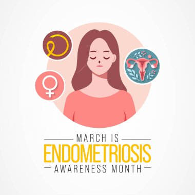 Endometriyozis farkındalık ayı Mart ayında her yıl gözlemlenir ve iç dokuların rahmin dışında büyüdüğü acı verici bir durumdur. Vektör illüstrasyonu