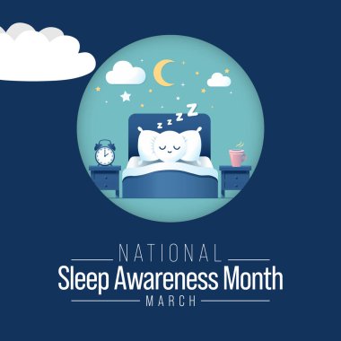 Uyku Farkındalığı Ayı, Mart ayında her yıl kutlanan bir etkinliktir. Bu durup uyku alışkanlıklarınızı düşünmek için bir fırsat, bunların sağlığınızı ne kadar etkilediğini düşünün. Vektör sanatı