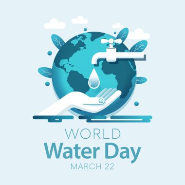 Dünya Su Günü her yıl 22 Mart 'ta kutlanır, tatlı suyun önemini vurgular. Gün, tatlı su kaynaklarının sürdürülebilir yönetimini savunmak için kullanılır. Vektör illüstrasyonu.