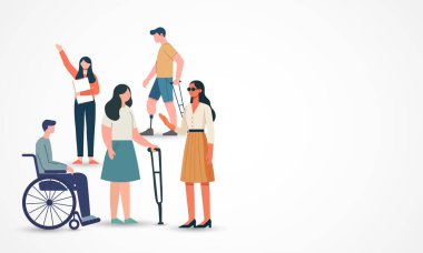 Engelli illüstrasyonu olan kişiler beyaz arka planda izole edildi. Vektör sanatı