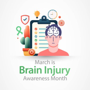 Mart ayında her yıl beyin hasarı farkındalığı ayı (TBI) gözlemlenmekte olup, bu durum beynin kafaya aldığı darbe, çarpma ya da sarsıntıdan kaynaklanabilecek normal fonksiyonlarının bozulmasına yol açmaktadır. vektör illüstrasyonu