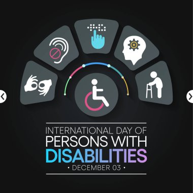 Uluslararası Engelliler Günü (IDPD) her yıl 3 Aralık 'ta kutlanır. Hayatın her alanında engelli insanların durumu hakkında farkındalık yaratmak için. Vektör illüstrasyonu