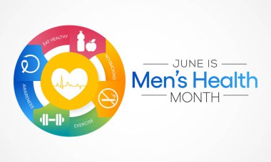 Erkek sağlığı ayı her yıl Haziran ayında gözlemlenmekte olup, erkekler için sağlık hizmetleri konusundaki farkındalığı artırmak ve çocukları sağlıklı yaşam kararlarını uygulamaya ve uygulamaya teşvik etmeye odaklanmak için kullanılmaktadır. Vektör sanatı.