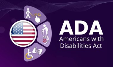 Maluliyet yasası olan Amerikalılar her yıl 26 Temmuz 'da uygulanır, ADA engelliliğe dayalı ayrımcılığı yasaklayan bir sivil haklar yasasıdır. Vektör illüstrasyonu.