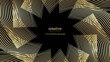 Altın çizgi dalgalı soyut bir arkaplan. Kahkaha stili. Teknik şablon. Dalgalı kıvrımlı, düz çizgili. Vektör illüstrasyonu.