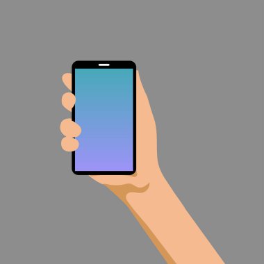 Hand hold the smartphone. Mobile phone touch screen in hand, icon flat design