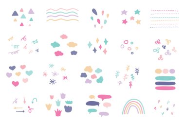 Karalama çizimleri çizimleri elementleri, yıldızlar, ışıltılar, kalpler, dekorasyonlar, kareler, konuşma baloncukları, oklar.