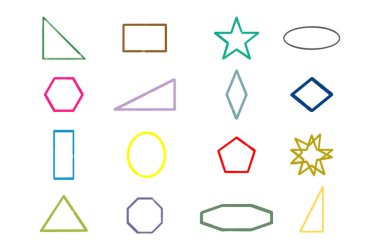 Soyut şekiller çizilmiş renkli geometrik el seti. Çocuksu şirin çizimler.