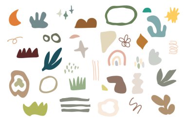 Soyut doğa, elementleri şekillendirir. Pastel renk karalama tasarımı, yaz, sezon, doğal, tropikal konsept