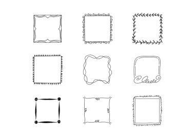 Kare çerçeve koleksiyonu, karalama, çiçek, klasik çerçeve elementleri. Pankart için tasarım çizim biçimi izole edilmiş illüstrasyon