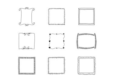 Kare çerçeve koleksiyonu, karalama, çiçek, klasik çerçeve elementleri. Pankart için tasarım çizim biçimi izole edilmiş illüstrasyon