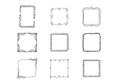 Kare çerçeve koleksiyonu, karalama, çiçek, klasik çerçeve elementleri. Pankart için tasarım çizim biçimi izole edilmiş illüstrasyon
