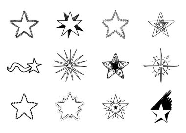 Farklı el çizimleri tarzında yıldızlar. Element tasarımı. Vektör illüstrasyonu