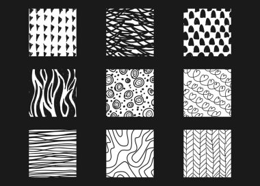 Soyut kare şekilli dokular. Çizgi karalama, noktalar, dalga, düşüş, eğri desenler