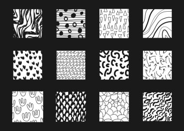 Soyut kare şekilli dokular. Çizgi karalama, noktalar, dalga, düşüş, eğri desenler