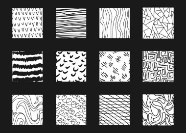 Soyut kare şekilli dokular. Çizgi karalama, noktalar, dalga, düşüş, eğri desenler