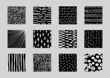 Soyut kare şekilli dokular. Çizgi karalama, noktalar, dalga, düşüş, eğri desenler