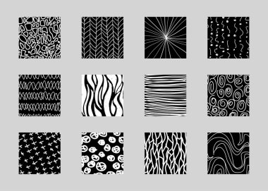 Soyut kare şekilli dokular. Çizgi karalama, noktalar, dalga, düşüş, eğri desenler