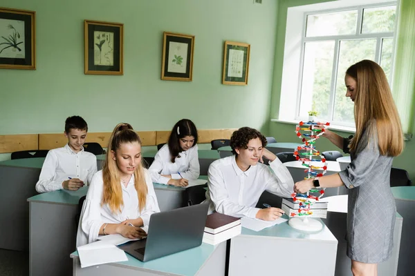 生物学の先生は教室で生徒にレッスンをする テーブルの上にDnaモデルを持つ学校での生物学のレッスンで子供たち 化学系教育 — ストック写真
