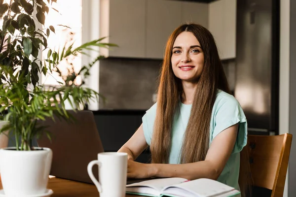 stock image Girl manager with laptop have online video meeting with colleagues and business partners. Team discussion trends and tasks. Problem solving remotely